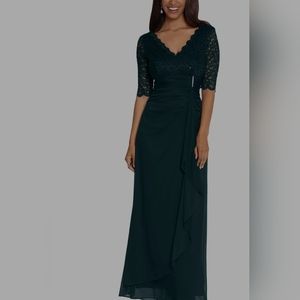 Betsy & Adam Women's Lace-Top Waterfall-Detail Gown